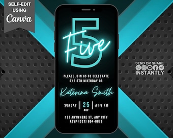 Digital 5th Birthday Party Blue Neon Invitation, Electronic Phone Text Message Evite, Editable Animated Template, Teen Gaming Birthday, Boy