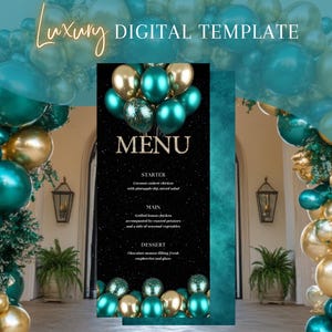 Customizable Digital Menu, Teal and Gold Canva Template, Birthday Dinner Table Decor, Editable Event Menu for Milestone Celebrations