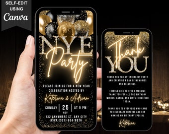 Digital New Years Eve Party Invitation, NYE 2026 House Party Invite, Black Gold DIY Evite, Self Editable Digital Flyer Template eCard