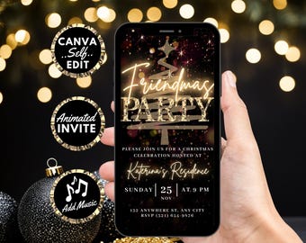 Digitale Einladung zur Friendsmas-Weihnachtsfeier, animierte Videoeinladung für einen Mädelsabend in Gold, bearbeitbare Canva-Vorlage