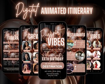 Digital Birthday Weekend Invitation, Animated Travel Itinerary, Rose Gold Passport Vibe Vacation Schedule Trip Evite, Self Editable Planner