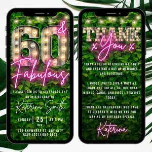 Digital 60th Birthday Invitation, 60 And Fabulous Party Invite, Backyard Greenery Pink Marquee Adult Evite, Self Editable Thank You eCard