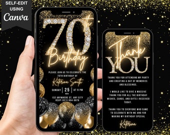 Può includere: Due mockup di smartphone neri con sfondi di glitter dorati. Il primo telefono mostra un invito per il 70° compleanno con palloncini dorati e neri. Il secondo telefono mostra un biglietto di ringraziamento con il testo "Grazie".