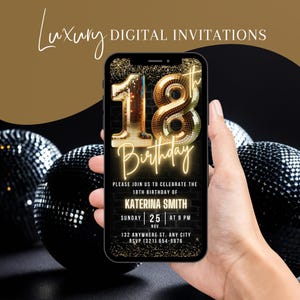 Digital 18th Birthday Invitation, Animated Eighteenth Party Invite For Her, Womens Gold Disco Ball Evite For Women, Editable Template eCard