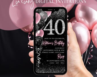 Digital 40th Birthday Invitation, Animated 40th Blush Pink Invite For Her, Womens Dinner Party Video Evite, Self Editable DIY Template eCard