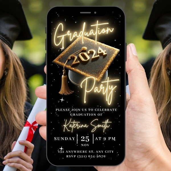 Digital Graduation Party Invitation, Animated Gold College Announcement Invite, She Did It High School Evite, Self Editable Template eCard