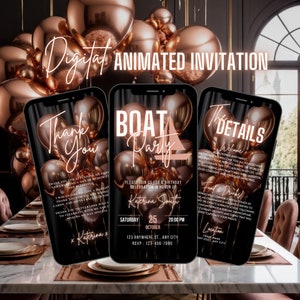 Digitale bootfeestuitnodiging, geanimeerde jachtfeestuitnodiging, Rose Gold Cruise Summer Boat Party Evite, zelf bewerkbare reisroute e-cardbundel