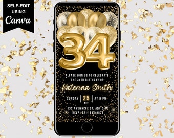 34th Birthday Digital Invitation, Electronic Birthday Party Invite, Black Gold, Mobile Text Evite, Editable Animated 34th Virtual Invite