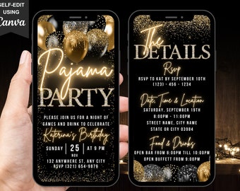 Digital Pajama Party Birthday Invitation, Animated PJs Fun Girls Night Invite, Black Gold Bachelorette Party Evite, Editable Itinerary eCard