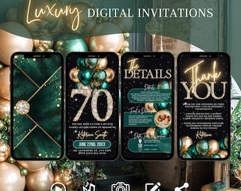 Green Gold 70th Birthday Invitation, Digital Envelope Animated Invite, Diamond Brunch Evite, Dinner Party Editable Template Ecard For Women