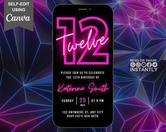 Puede incluir: Una invitación de cumpleaños digital con un diseño en color rosa neón y azul. La invitación presenta el número 12 con la palabra "Twelve" escrita en un guion rosa neón. El texto dice "Por favor, únase a nosotros para celebrar el cumpleaños número 12 de Katerina Smith. Domingo 25 | a las 9 PM | Nov | 132 Anywhere St, Any City | RSVP (321) 654-9876. Envíe o comparta instantáneamente."