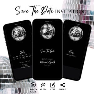 Pode incluir: Um convite digital em preto e branco para guardar a data com um gráfico de bola de discoteca. O texto diz "Save The Date" e "Join Us To Celebrate Katerina's Smith".