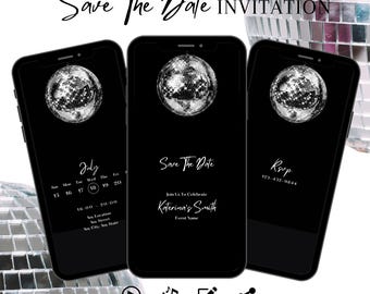 Elegante invitación con bola de discoteca para guardar la fecha, invitación de cumpleaños animada minimalista, invitación para fiesta de hombres, plantilla digital elegante, tarjeta electrónica para mujeres