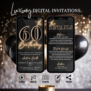 60th Birthday Party Invitation, Digital Black Gold Dinner Invite For Men, Black Tie Video Evite For Him, Self Editable DIY Itinerary eCard