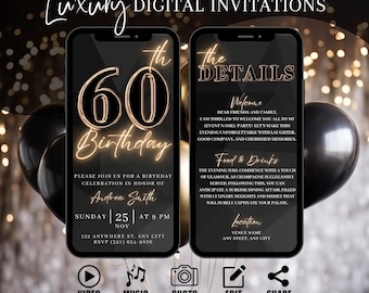 60. Geburtstag Party Einladung, Digitales Schwarz Gold zum Abendessen einladen für Männer, Black Tie Video Evite Für Ihn, selbst bearbeitbare DIY Reiseplan eCard