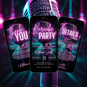 Digitale Karaoke-Einladung, animierte Geburtstagsmusik-Nachtparty einladen, singendes lila Musikevent Evite, selbst bearbeitete DIY-Reiseplan eCard