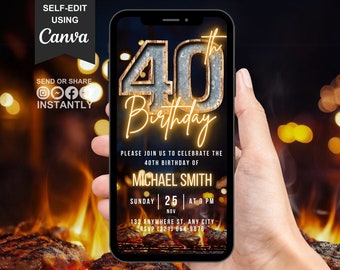 Digital 40th BBQ Birthday Invitation For Men, Backyard BBQ Invite For Him, Rustic Party Evite For Man, Self Editable Social Template eCard