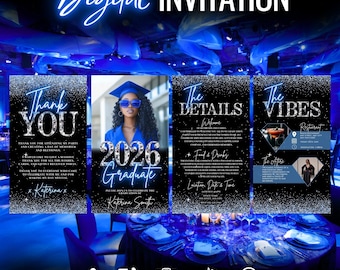 Digital 2026 Graduate Invitation, Animated Blue Graduation, Womens Ceremony Celebration Invite, Vibes Editable Itinerary & Thank You eCard
