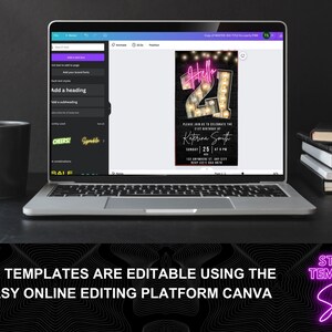 May include: A laptop computer screen displaying a neon pink and yellow graphic design template for a 21st birthday party invitation. The text on the template reads "Hello 21" and "Katerina Smith". The text "ALL TEMPLATES ARE EDITABLE USING THE EASY ONLINE EDITING PLATFORM CANVA" is displayed below the laptop. The text "STUDIO TEMPLATE Store" is displayed in neon pink on a black background.