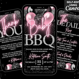 Digital Baby Girl Shower BBQ Invitation, Animated Baby Shower Invite, Blush Pink Balloons Mobile Evite, Editable Itinerary & Thank You eCard
