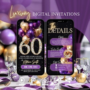Digital Purple Gold 60th Birthday Invitation, Animated Surprise Invite, Diamond Brunch Evite, Dinner Party Editable Template Ecard For Women