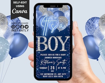Digital Boy Baby Shower Invitation, Animated Baby Shower Invite, Blue Silver Balloons Diamonds Phone Mobile Evite, Editable eCard Template