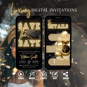 Invitación digital para guardar la fecha de graduación, invitación para la Clase Oro de 2025, anuncio de graduación con Evite, despedida universitaria, tarjeta electrónica para ceremonia de graduación