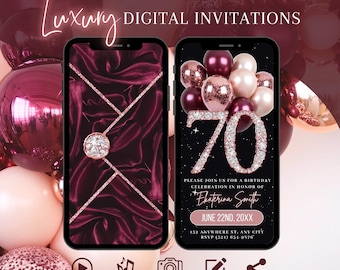 Digital 70er Geburtstagseinladung, Umschlag Rose Gold Burgunder Abendessen einladen für Frauen, Brunch Seventy Evite, Selbstbearbeitung DIY Vorlage Ecard
