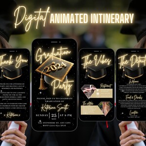Digital Graduation Party Invitation, Animated Gold College Announcement Invite, She Did It Evite, Editable Vibes Itinerary & Thank You eCard