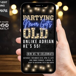 Digital 55th Birthday Invitation, Funny Backyard BBQ Invite For Men, Animated Rustic Blue Humour 55th Party Evite For Him, Editable Template