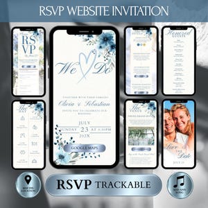 Könnte beinhalten: Digitale Hochzeitseinladung auf Smartphones. Das Design zeigt ein blaues Blumendesign mit dem Text "We Do" und Veranstaltungsdetails. Enthält RSVP, Veranstaltungsort und Save-the-Date-Informationen.
