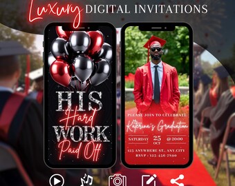 Red Graduation Party Invitation, Digital Grad Announcement Picture Invite, Animated Class of 2026 Evite, Law School Template eCard For Men