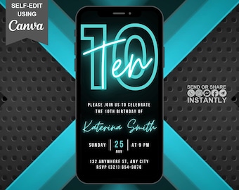 Digital 10th Birthday Party Blue Neon Invitation, Electronic Phone Text Message Evite, Editable Animated Template, Teen Birthday For Boys