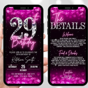 Digital 29th Birthday Invitation, Animated Hot Pink Ladies Dinner Party Invite, Diamond Evite For Women, Self Editable Canva Itinerary eCard