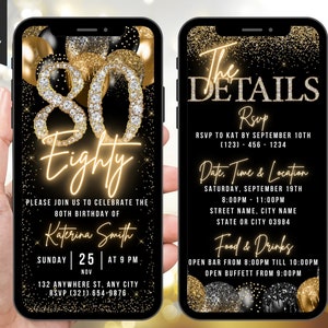 Digitale Einladung zum 80. Geburtstag und Reiseplan eCard, animierte achtzig schwarz goldene Geburtstagsfeier für Sie, individuell bearbeitbarer Telefontext Evite