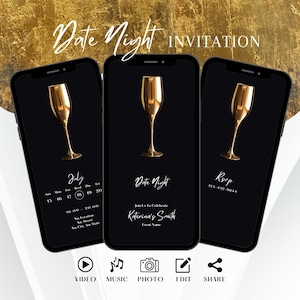 Convite Dourado Elegante para Noite de Encontro, Convite de Aniversário Animado Minimalista, Convite para Festa Masculina, Modelo Digital de Champanhe, Cartão Eletrônico Feminino Editável