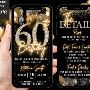 Digital 60th Birthday Invitation, 60 Video Invite, Black Gold Balloon Diamond Sixty Party Invite Black Tie Gala, Editable Itinerary eCard