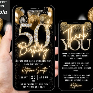 Digital 50th Birthday Invitation For Her, 50 Invite, Black Gold Balloon Diamond Fifty Party Invite For Women, Editable Thank You eCard