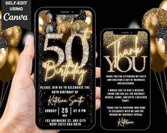 Digital 50th Birthday Invitation For Her, 50 Invite, Black Gold Balloon Diamond Fifty Party Invite For Women, Editable Thank You eCard