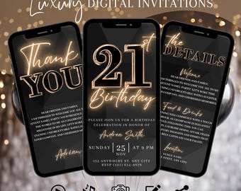 Convite digital para festa de 21 anos, convite animado para jantar em preto e dourado para mulheres, vídeo de convite para ela, modelo de itinerário autoeditável eCard