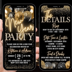 Invitación digital para fiesta de Nochevieja, invitación animada para celebrar la Nochevieja, invitación con mensaje de texto en negro y dorado, invitación por teléfono y correo electrónico, tarjeta electrónica con itinerario editable