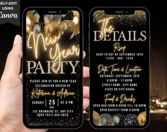 Puede incluir: Una invitación digital negra y dorada para una fiesta de Nochevieja. La invitación presenta un fondo de purpurina dorada con el texto "New Year Party" en amarillo neón. La invitación también incluye los detalles de la fiesta, incluida la fecha, la hora, la ubicación y la información de RSVP.