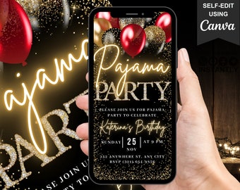 Digital Pajama Party Birthday Invitation, Animated PJs Fun Girls Night Invite, Red Gold Black Bachelorette Party Evite, Self Editable eCard