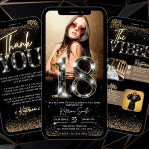 18er Digital Flyer Geburtstagseinladung, animierte schwarze Gold Sweet 18 Dinner Party einladen, Bild Evite, selbst bearbeitbare DIY Reiseplan eCard