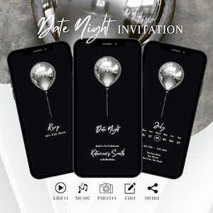 Convite prateado elegante para um encontro romântico, convite de aniversário animado minimalista, convite para festa masculina, modelo digital elegante, cartão eletrônico editável feminino