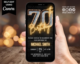 Invitación digital de 70 cumpleaños para hombre, tarjeta electrónica de invitación, invitación virtual rústica para barbacoa de 70 años para él, plantilla autoeditable