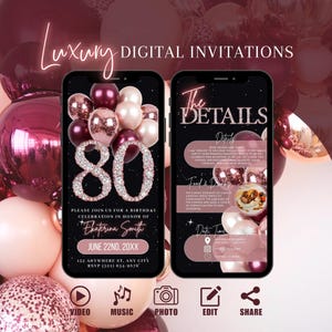 Digital 80th Birthday Invitation, Animated Rose Gold Burgundy Dinner Invite For Women, Brunch Eighty Evite, Self Edit DIY Template Ecard