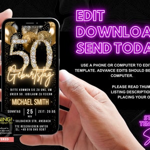 May include: A digital invitation template for a 50th birthday party. The template features a gold and black color scheme with a large number 50 decorated with diamonds. The text on the template reads "50 Geburtstag" and includes the date, time, and location of the party.