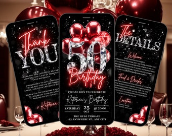 Digital 50th Birthday Invitation, Animated Red Fifty Diamond Dinner Party Invite, Brunch Evite For Women, Self Editable Itinerary eCard