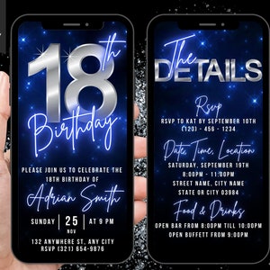 Invito video digitale per il 18° compleanno, invito animato per la festa del diciottesimo compleanno per uomini, invito video blu neon cromato, eCard con itinerario modificabile